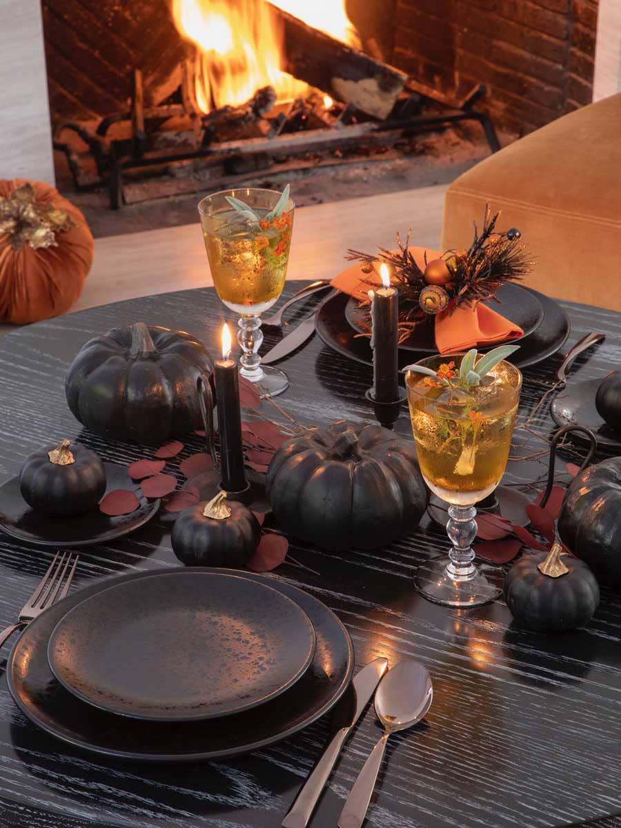 Halloween tablescape featuring L'Objet Alchimie Black dinnerware
