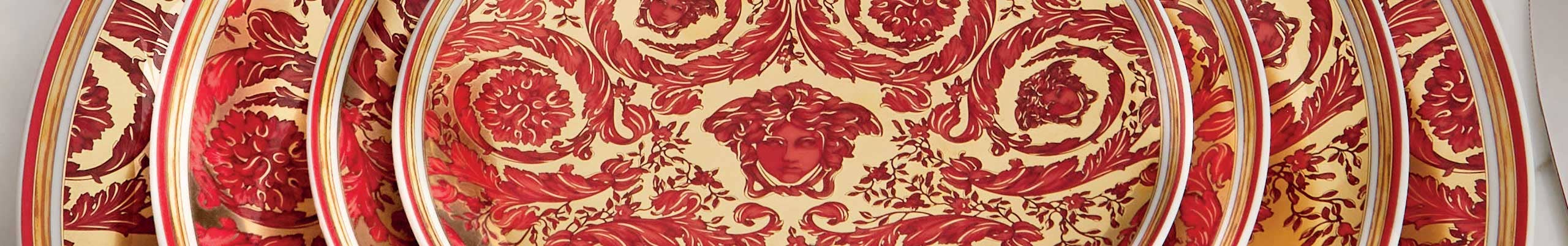 Rosenthal Meets Versace's Medusa Garland Red Dinnerware place setting stacked